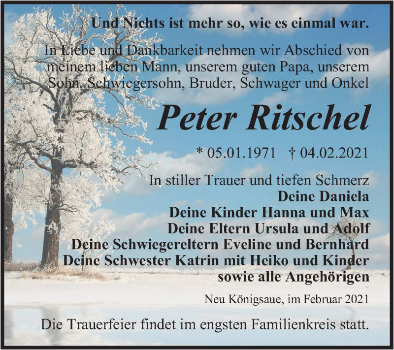  Traueranzeige für Peter Ritschel vom 20.02.2021 aus Mitteldeutsche Zeitung Aschersleben