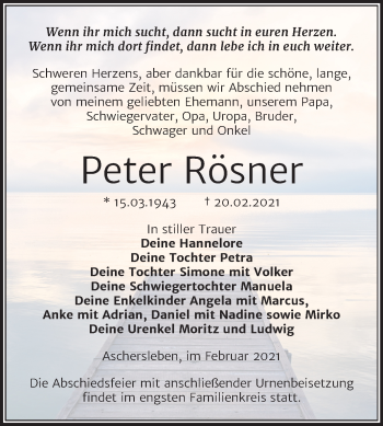 Traueranzeige von Peter Rösner von Super Sonntag Aschersleben