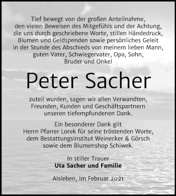 Traueranzeige von Peter Sacher von Super Sonntag Bernburg