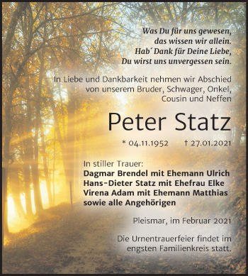 Traueranzeige von Peter Statz von Super Sonntag Naumburg/Nebra