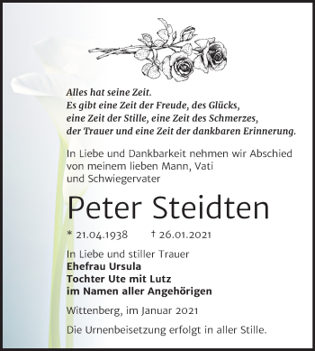 Traueranzeige von Peter Steidten von Super Sonntag Wittenberg