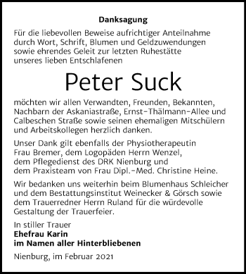 Traueranzeige von Peter Suck von Super Sonntag Bernburg