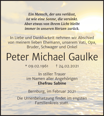 Traueranzeige von Peter Michael Gaulke von Mitteldeutsche Zeitung Bernburg