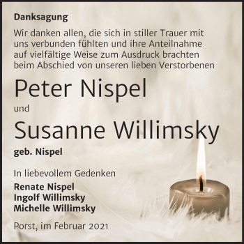 Traueranzeige von Peter und Susanne Nispel und Willimsky von Super Sonntag Köthen