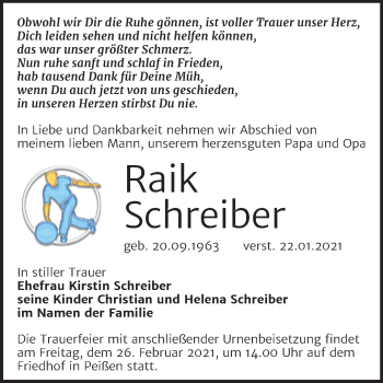 Traueranzeige von Raik Schreiber von Mitteldeutsche Zeitung Halle/Saalkreis