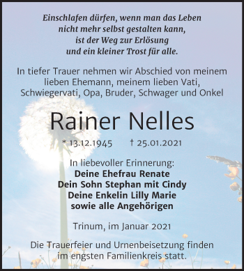 Traueranzeige von Rainer Nelles von Super Sonntag Köthen