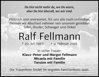 Traueranzeige von Ralf Fellmann von Mitteldeutsche Zeitung Halle/Saalkreis