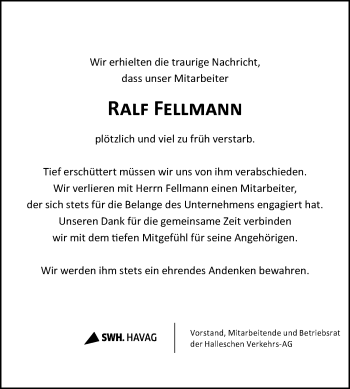 Traueranzeige von Ralf Fellmann von Mitteldeutsche Zeitung Halle/Saalkreis