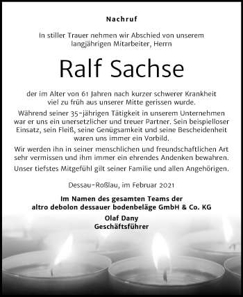 Traueranzeige von Ralf Sachse von Mitteldeutsche Zeitung Dessau-Roßlau