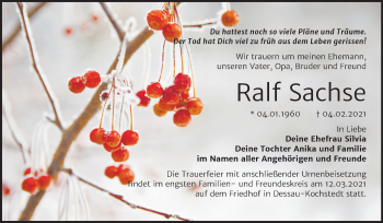 Traueranzeige von Ralf Sachse von Super Sonntag Dessau-Roßlau