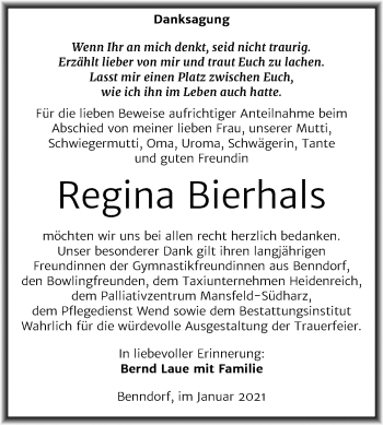 Traueranzeige von Regina Bierhals von Super Sonntag Mansfelder Land