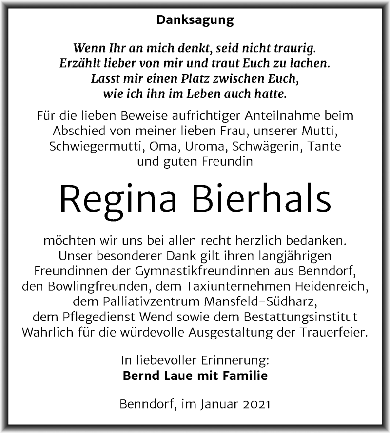  Traueranzeige für Regina Bierhals vom 06.02.2021 aus Super Sonntag Mansfelder Land