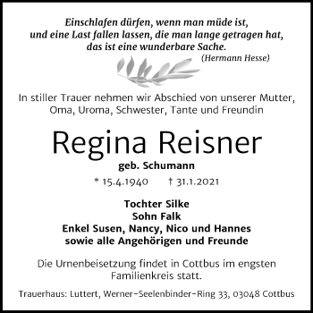 Traueranzeige von Regina Reisner von Mitteldeutsche Zeitung Weißenfels