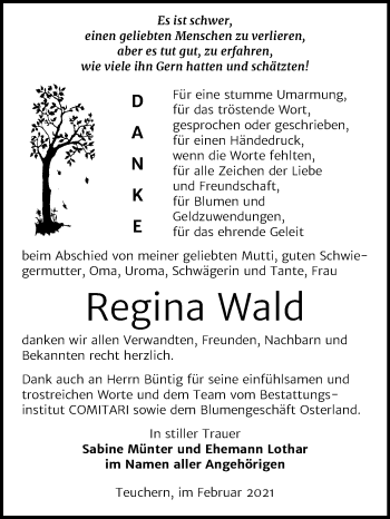 Traueranzeige von Regina Wald von Super Sonntag Weißenfels