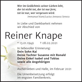 Traueranzeige von Reiner Knape von Mitteldeutsche Zeitung Aschersleben