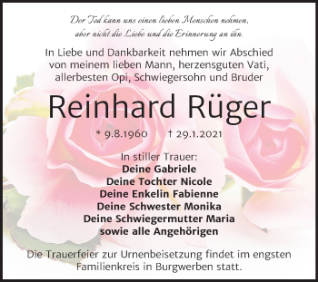 Traueranzeige von Reinhard Rüger von Super Sonntag Weißenfels