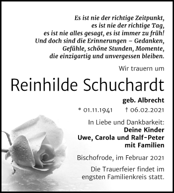 Traueranzeige von Reinhilde Schuchardt von Super Sonntag Mansfelder Land