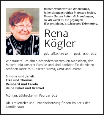 Traueranzeige von Rena Kögler von Super Sonntag Wittenberg