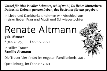 Traueranzeige von Renate Altmann von Mitteldeutsche Zeitung Quedlinburg