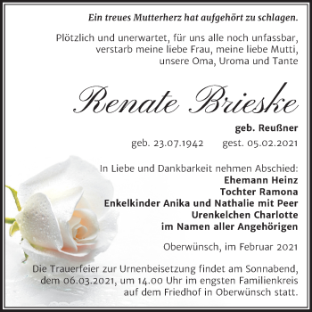 Traueranzeige von Renate Brieske von Mitteldeutsche Zeitung Merseburg/Querfurt