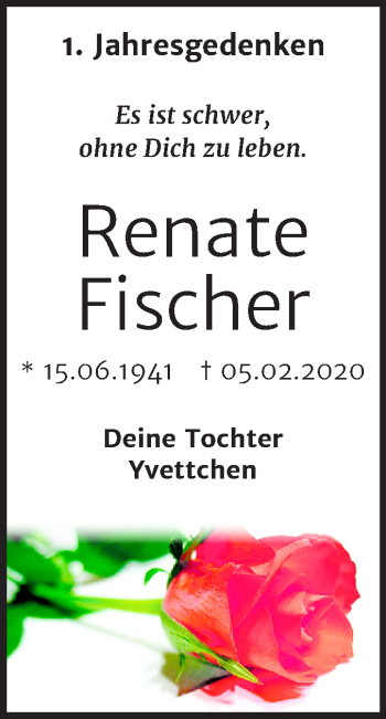 Traueranzeige von Renate Fischer von Mitteldeutsche Zeitung Wittenberg