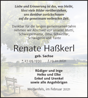 Traueranzeige von Renate Haßkerl von Mitteldeutsche Zeitung Weißenfels