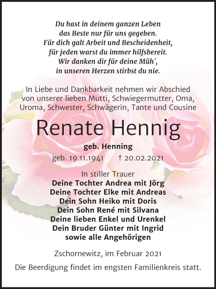  Traueranzeige für Renate Hennig vom 24.02.2021 aus Mitteldeutsche Zeitung Wittenberg