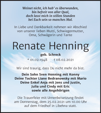 Traueranzeige von Renate Henning von Mitteldeutsche Zeitung Köthen