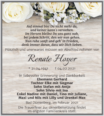 Traueranzeige von Renate Hoyer von Super Sonntag Merseburg/Querfurt
