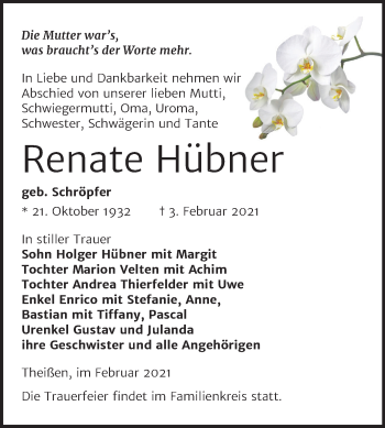 Traueranzeige von Renate Hübner von Super Sonntag Zeitz