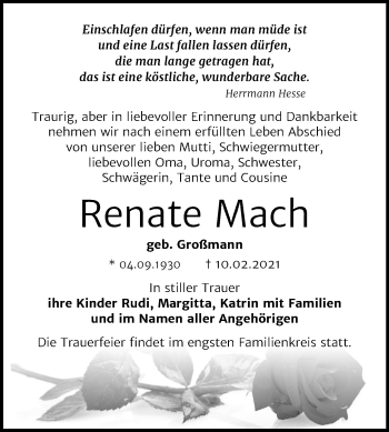 Traueranzeige von Renate Mach von Super Sonntag Bernburg