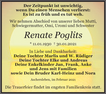 Traueranzeige von Renate Poglits von Super Sonntag Aschersleben