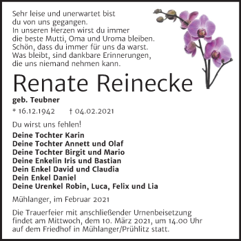 Traueranzeige von Renate Reinecke von Mitteldeutsche Zeitung Wittenberg