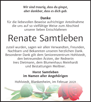 Traueranzeige von Renate Samtleben von Mitteldeutsche Zeitung Sangerhausen