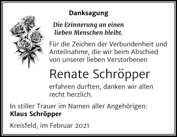 Traueranzeige von Renate Schröpper von Super Sonntag Mansfelder Land
