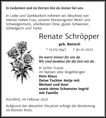 Traueranzeige von Renate Schröpper von Mitteldeutsche Zeitung Mansfelder Land