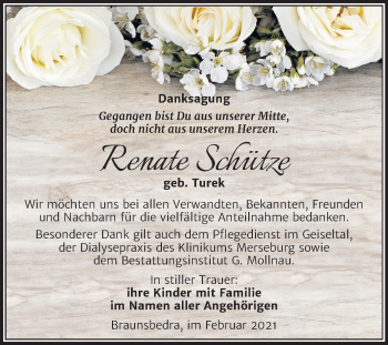 Traueranzeige von Renate Schütze von Super Sonntag Merseburg/Querfurt