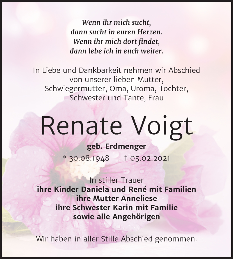  Traueranzeige für Renate Voigt vom 20.02.2021 aus Super Sonntag Zeitz