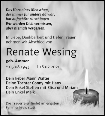 Traueranzeige von Renate Wesing von Super Sonntag Dessau-Roßlau