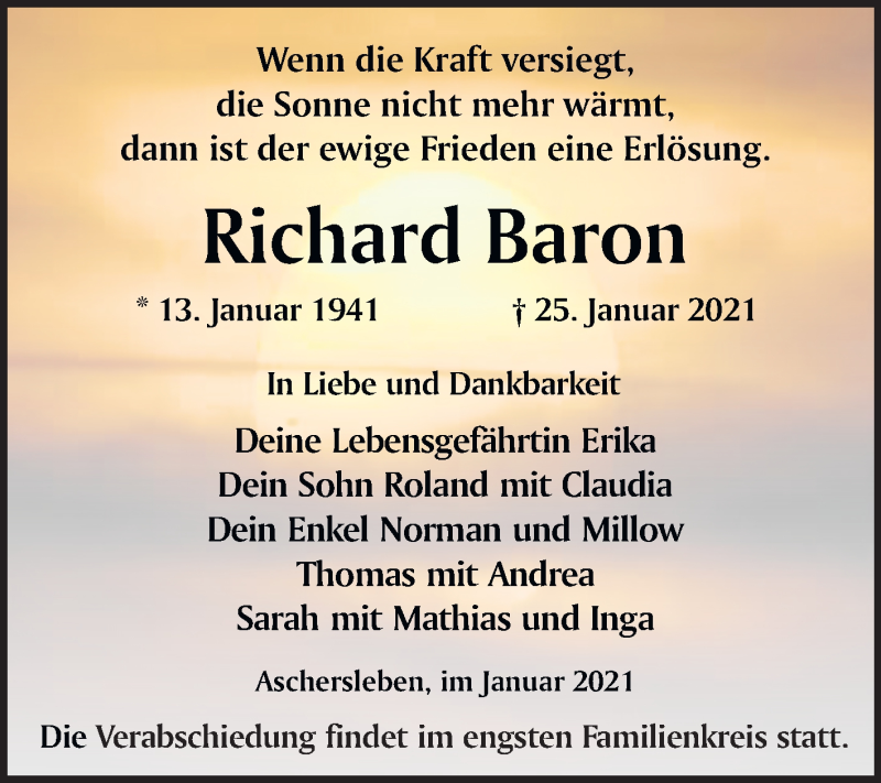  Traueranzeige für Richard Baron vom 06.02.2021 aus Super Sonntag Aschersleben