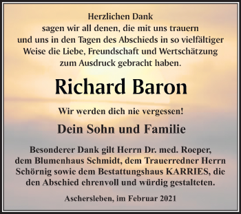 Traueranzeige von Richard Baron von Mitteldeutsche Zeitung Aschersleben