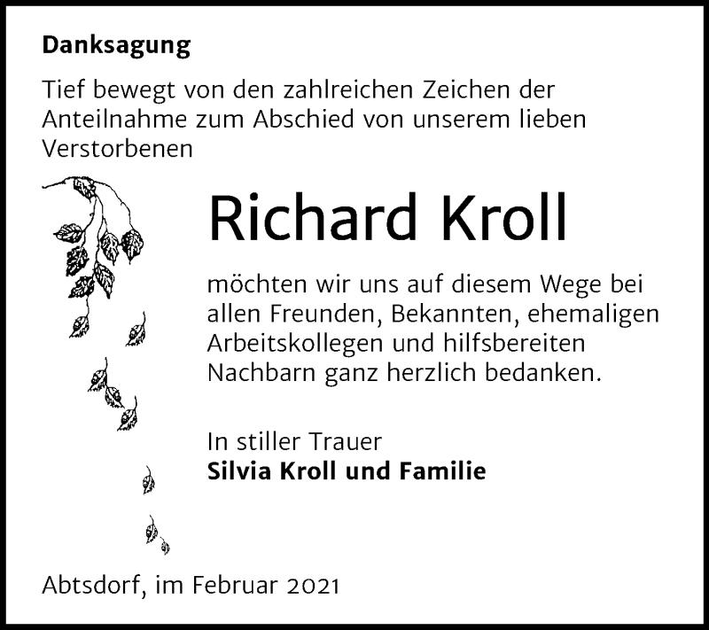  Traueranzeige für Richard Kroll vom 20.02.2021 aus Super Sonntag Wittenberg