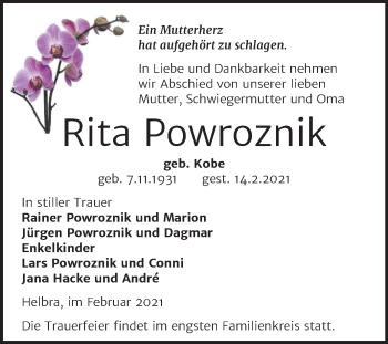 Traueranzeige von Rita Powroznik von Mitteldeutsche Zeitung Mansfelder Land