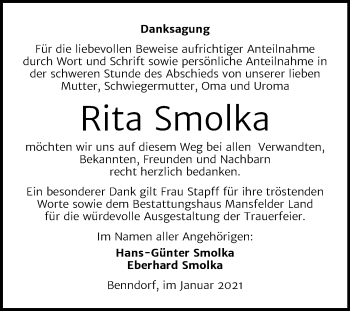 Traueranzeige von Rita Smolka von Super Sonntag Mansfelder Land