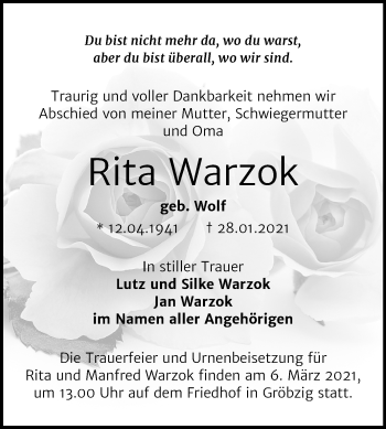 Traueranzeige von Rita Warzok von Super Sonntag Köthen