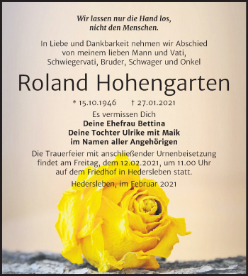 Traueranzeige von Roland Hohengarten von Mitteldeutsche Zeitung Quedlinburg