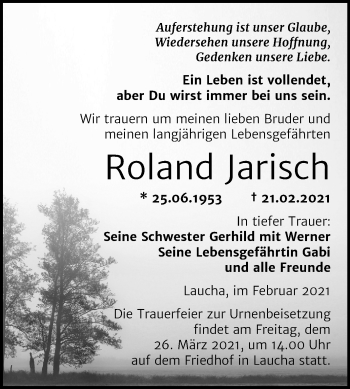 Traueranzeige von Roland Jarisch von Mitteldeutsche Zeitung Naumburg/Nebra