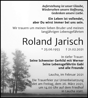 Traueranzeige von Roland Jarisch von Super Sonntag Naumburg/Nebra