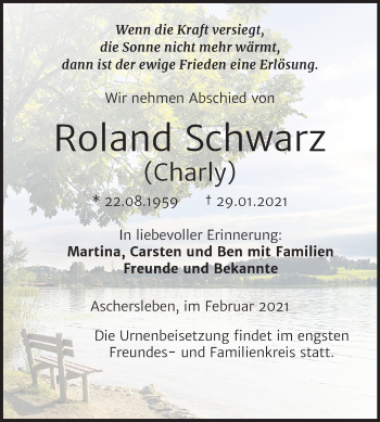 Traueranzeige von Roland Schwarz von Mitteldeutsche Zeitung Aschersleben