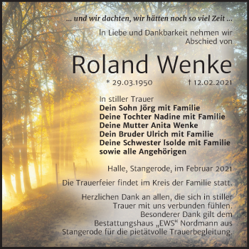 Traueranzeige von Roland Wenke von Mitteldeutsche Zeitung Halle/Saalkreis